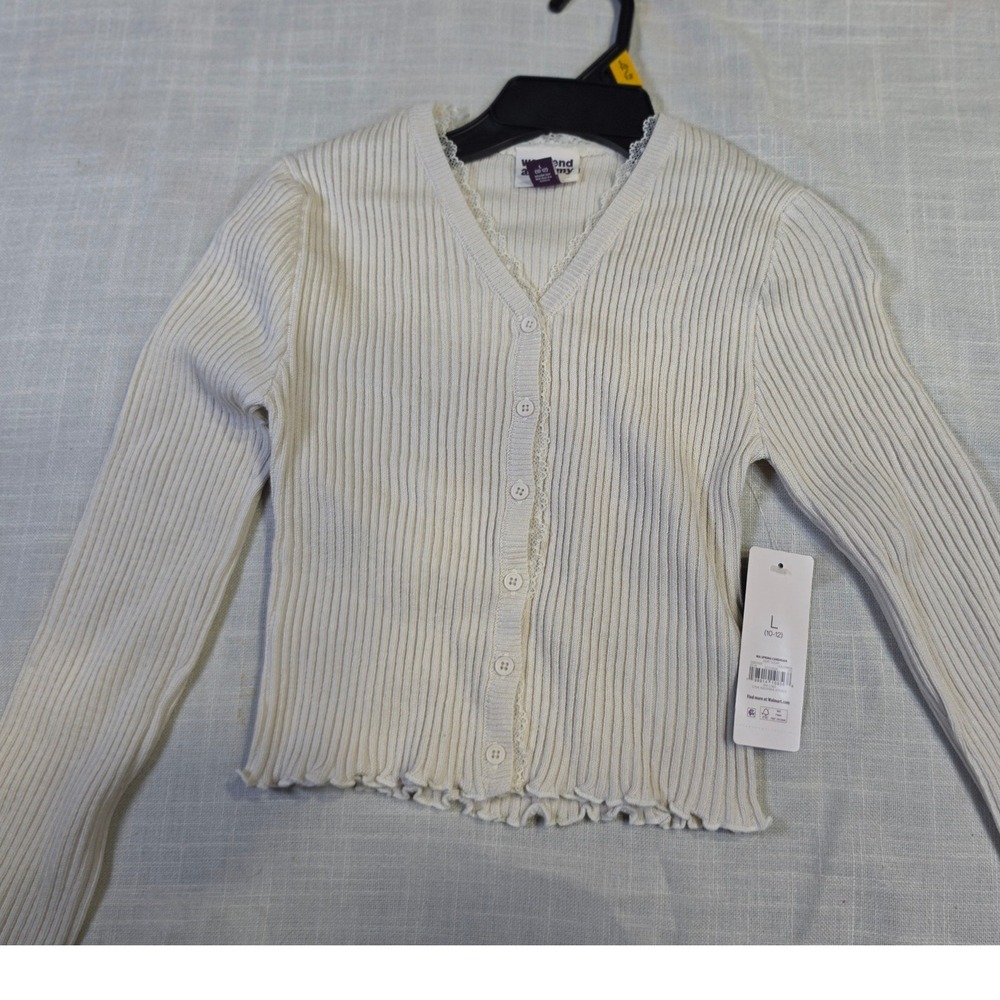 Weekend Academy Girls Ivory Sugar Ribbed Lace Trim Button Front Cardigan L 10-12